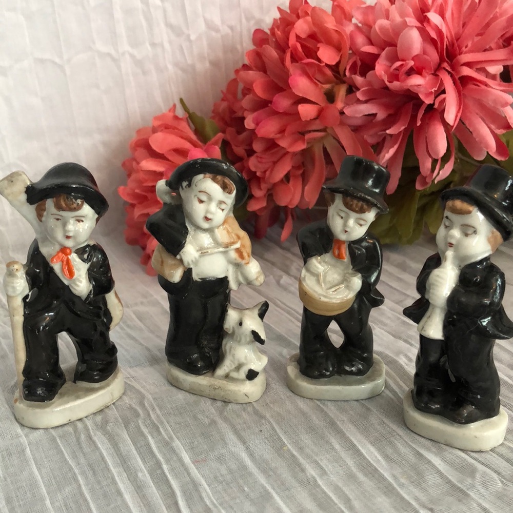 Vintage set of 4 old time miniature boys with instruments musical set decor